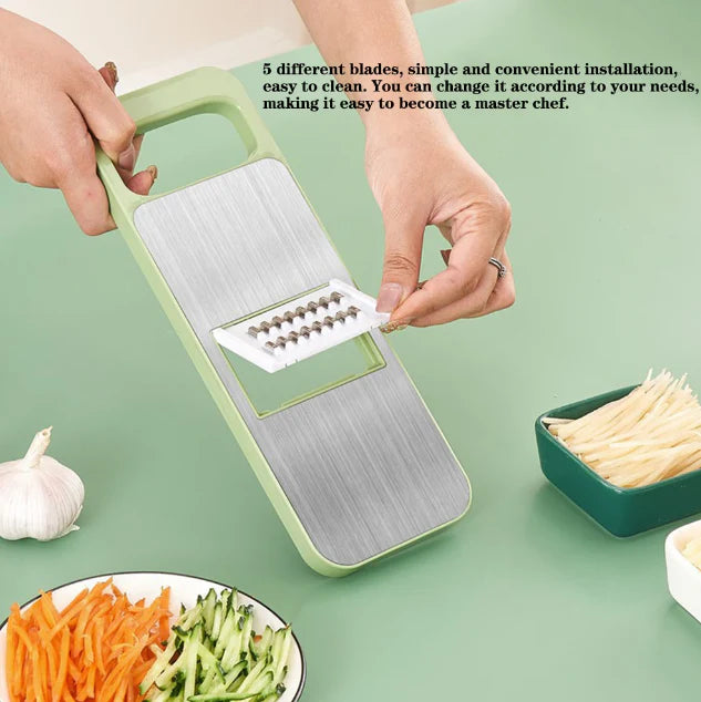 Manual 5-in-1 Vegetable & Fruit Slicer Cutter with 5 Interchangeable Blades | Multi-Function Kitchen Food Chopper | Stainless Steel Blades
